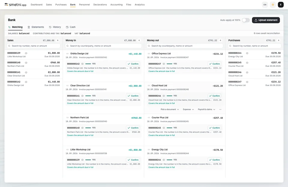 Bank: statement transactions alongside related documents.
