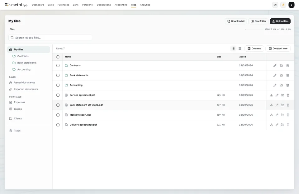 Files: your folders, the sales and purchases sections in the side menu and the storage used.